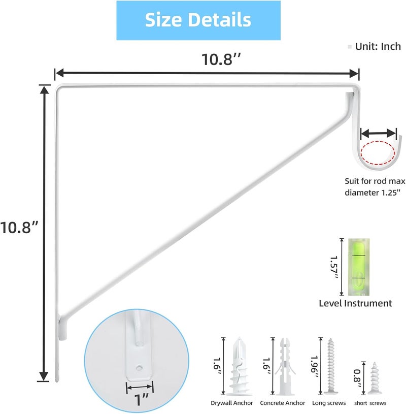 WEKIS 10-Pack Closet Rod Bracket, 10.8x10.8Inch Closet Shelf Brackets Heavy Duty Wall Mounted, Matte White Steel Closet Rod Support Brackets Holder, 300 Lbs Load Capacity with Anchors Screws - Image 2